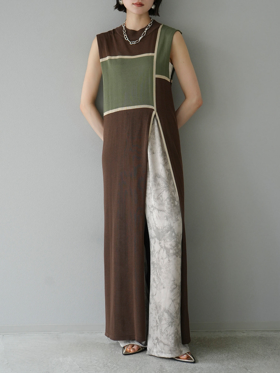 [SET] Bicolor slit summer knit dress + nuance print washer easy pants (2set)