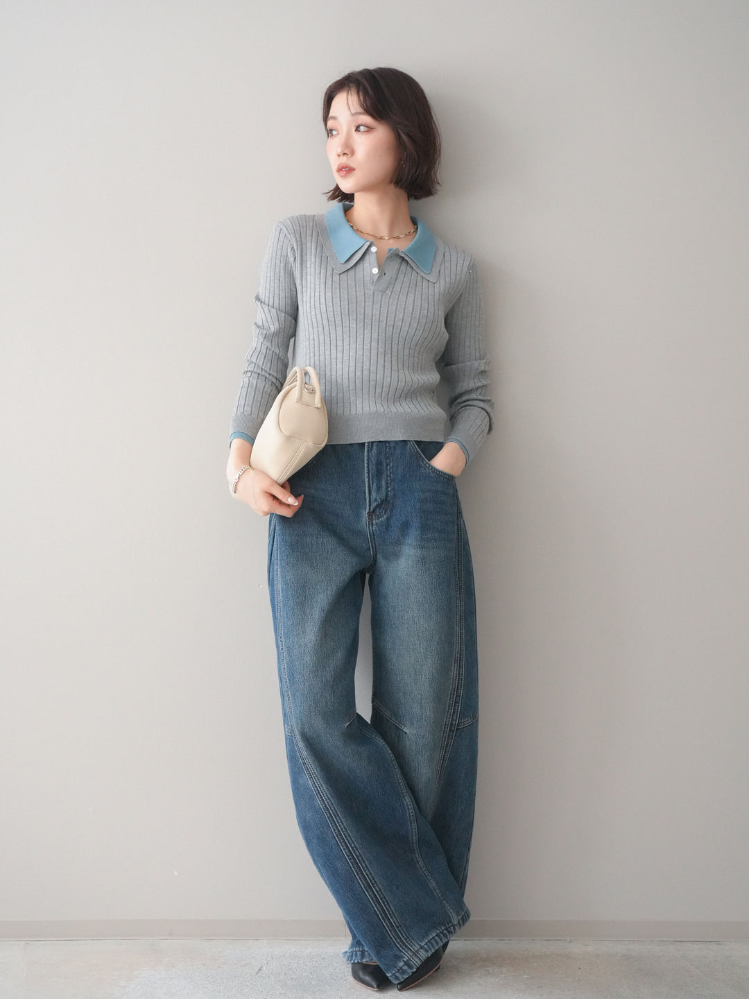 [予約]ダブル襟ポロリブニットトップス/gray