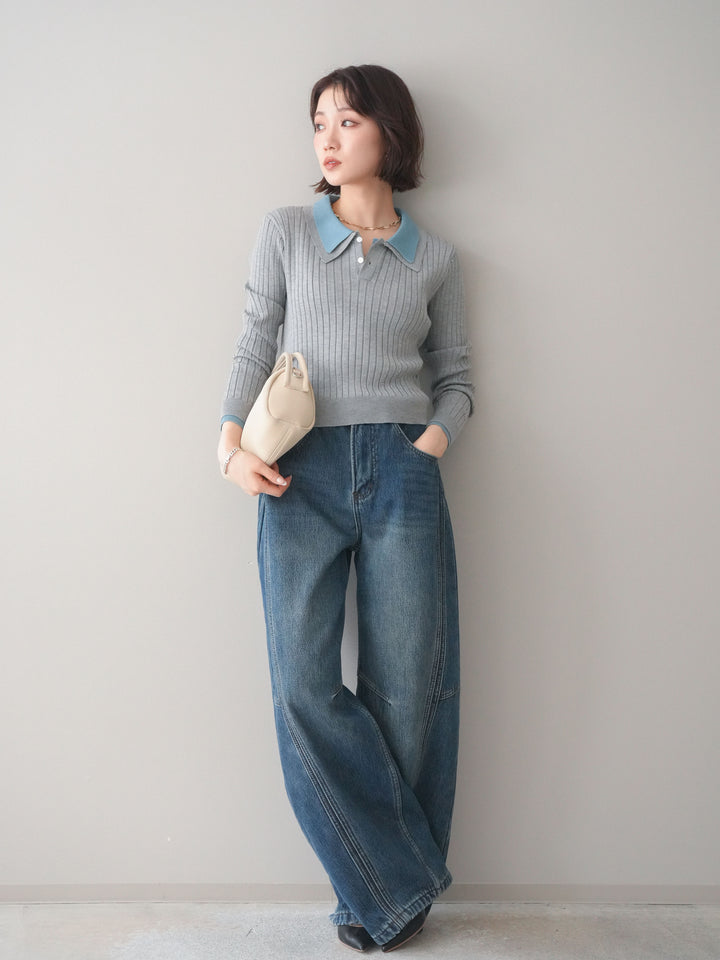 [予約]ダブル襟ポロリブニットトップス/gray