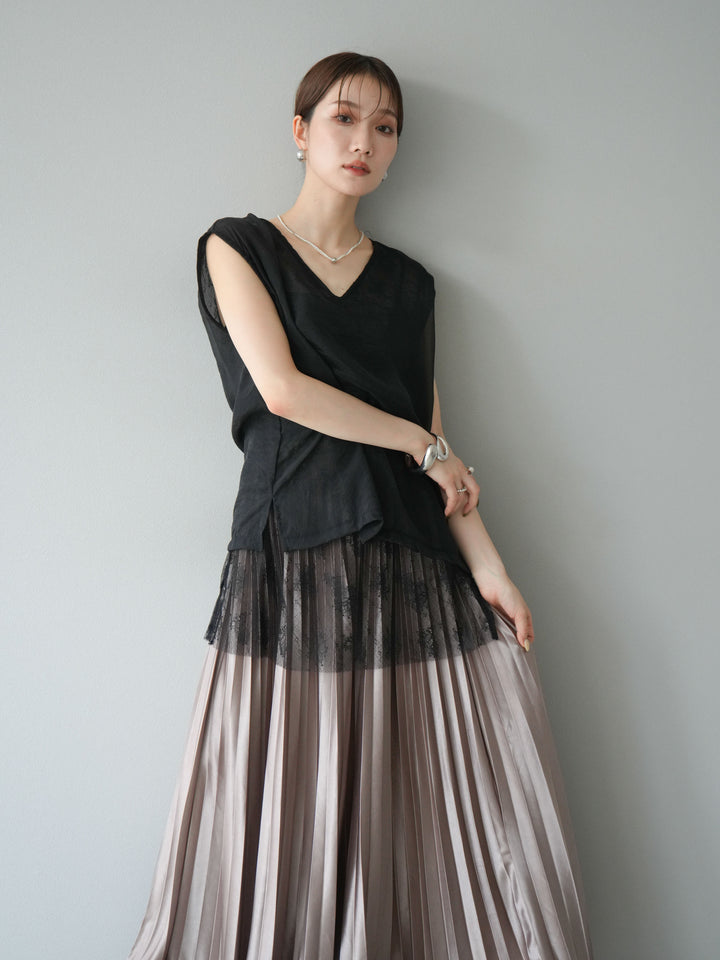 [予約]レースレイヤードオーガンジートップス/ブラック