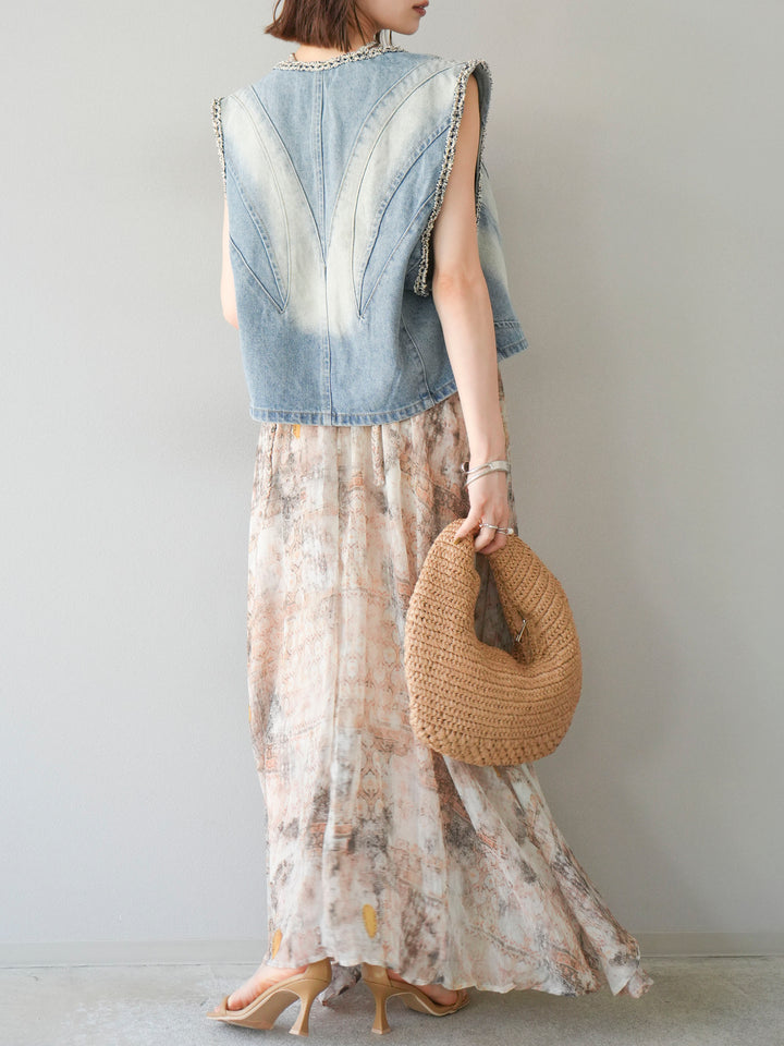 [予約]編み込みショルダーニュアンス柄シフォンワンピース/ベージュ