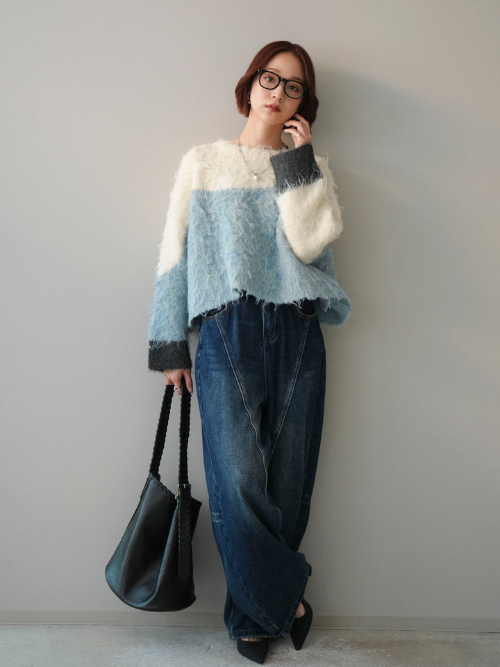 [SET]バイカラーモヘアタッチニットプルオーバー+裏起毛加工デニムカーブパンツ(2set)