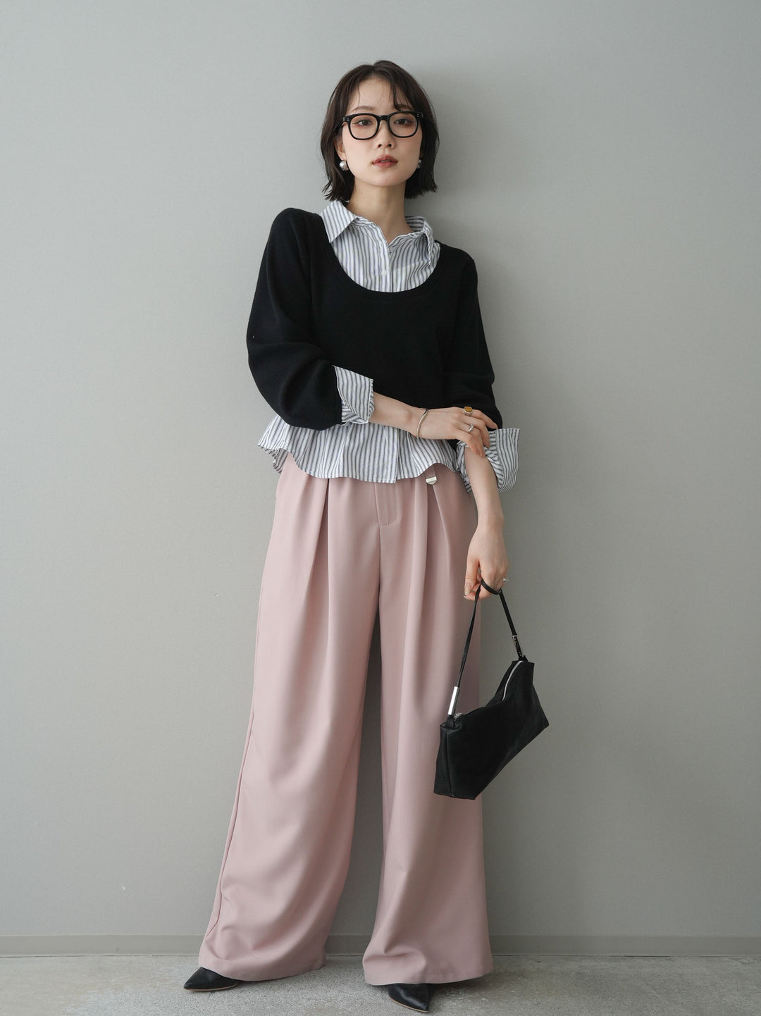 [予約]ストライプシャツUネックドッキングニットプルオーバー/blackoffstripe