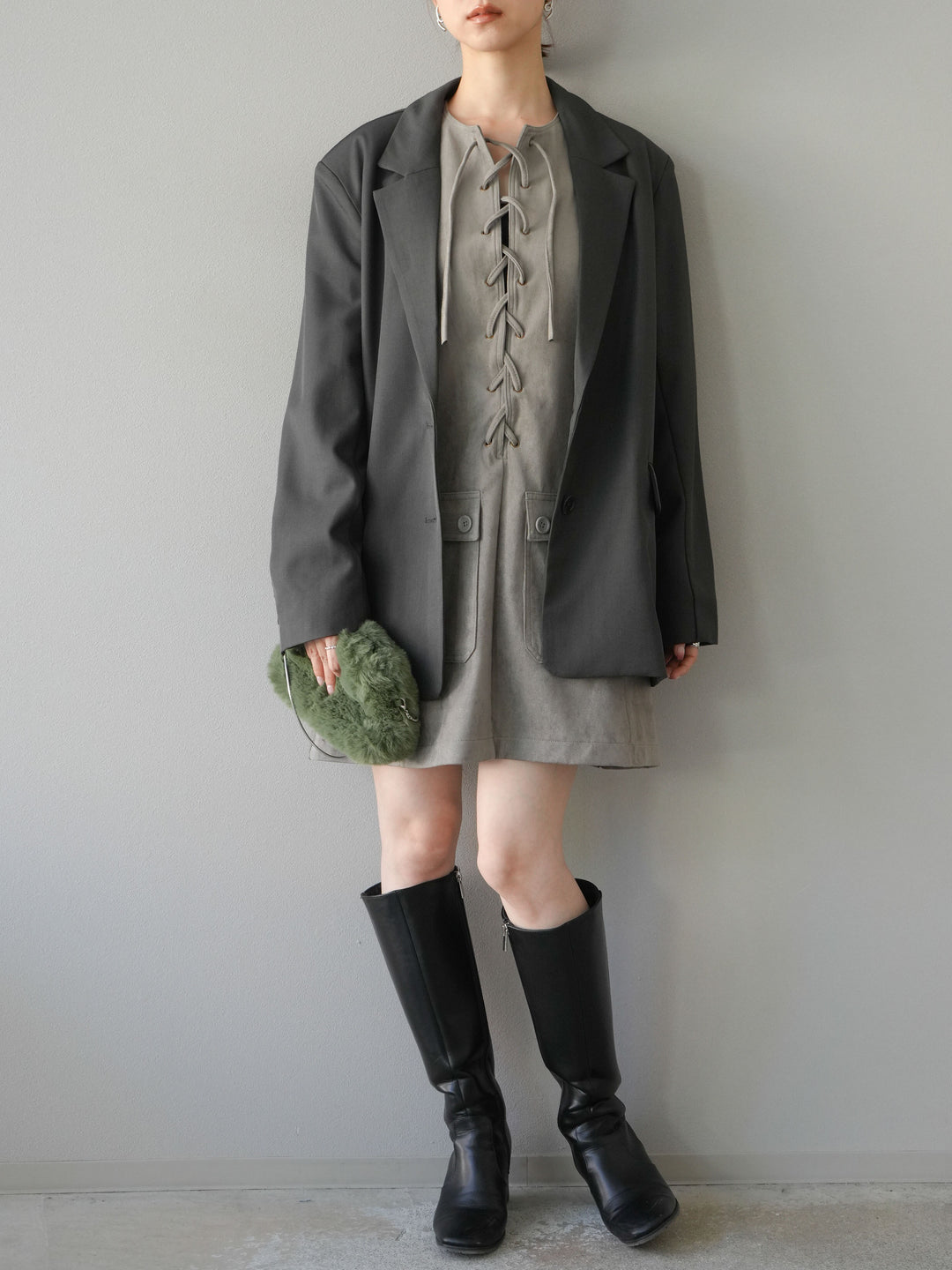 [予約]レースアップスエードミニワンピース/グレー