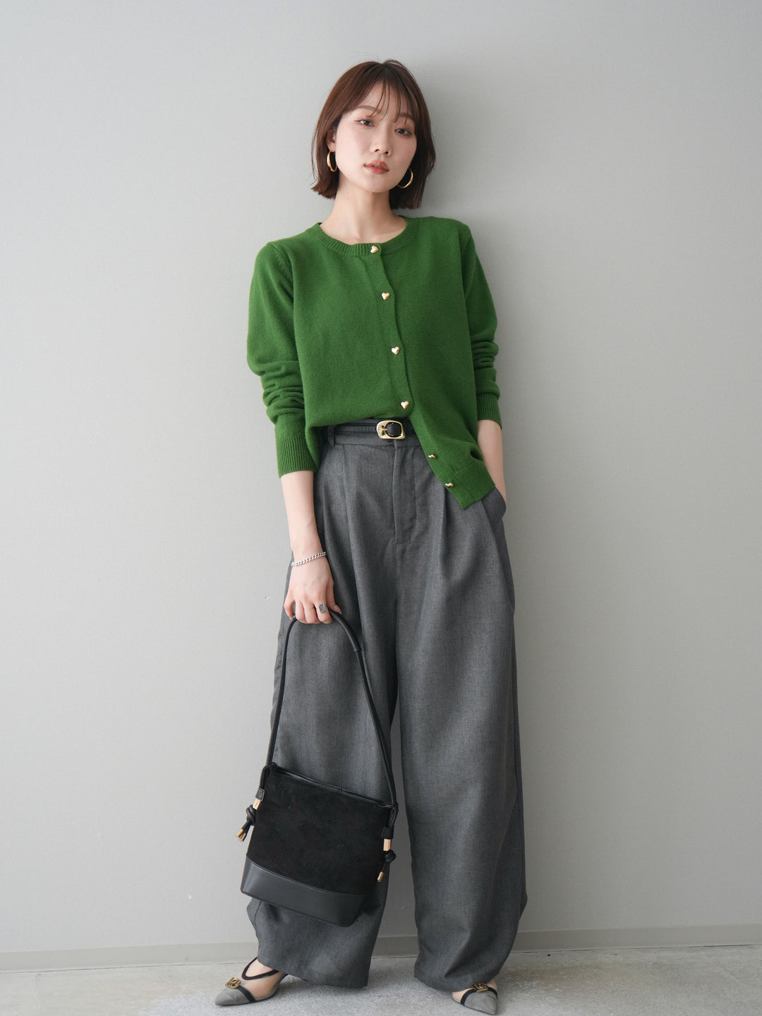 [予約]ハートボタンニットカーディガン/green