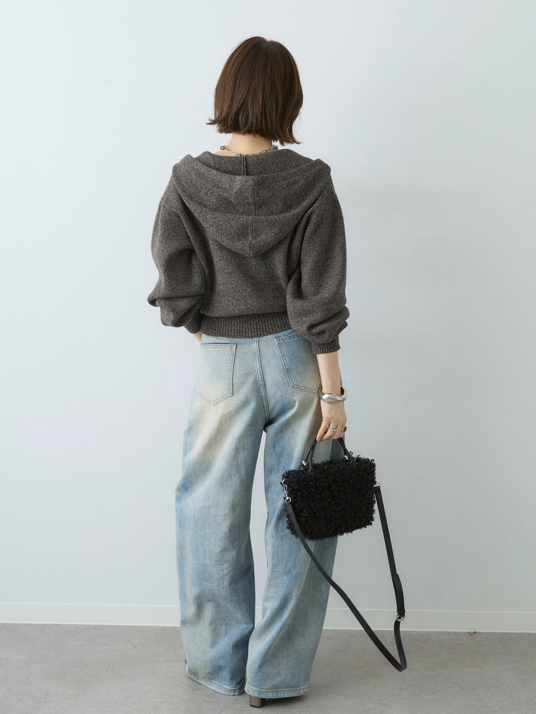 [予約]メランジボリュームスリーブフードニットカーディガン/charcoal