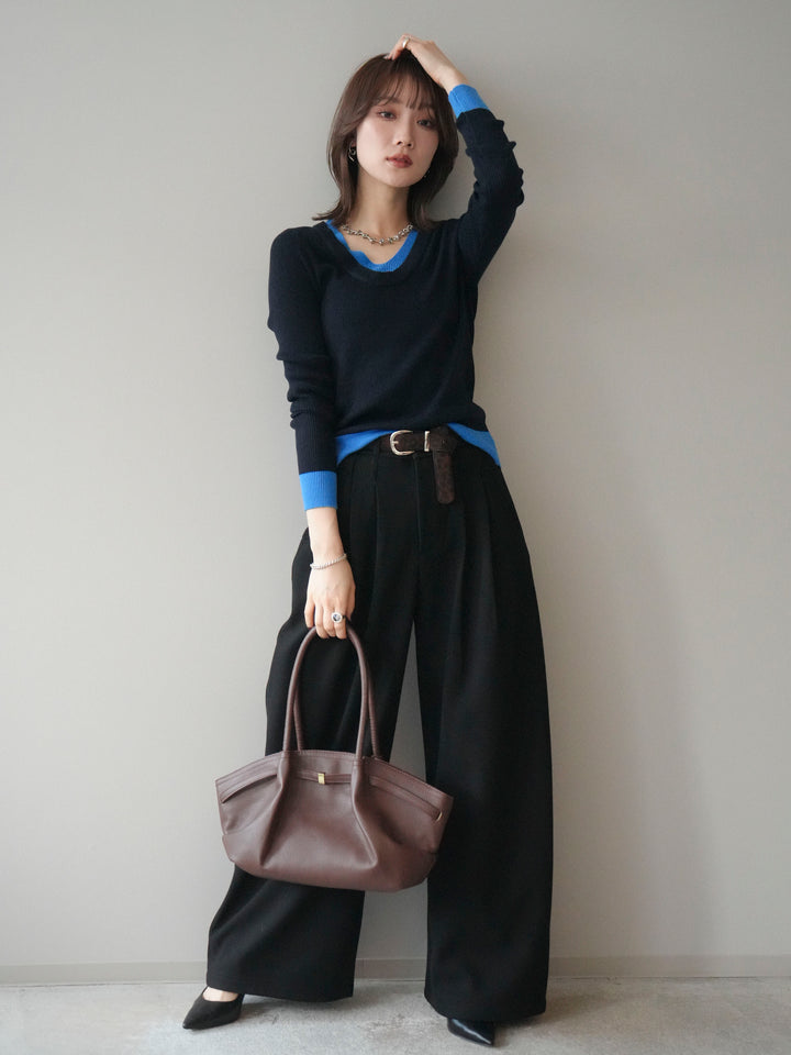 [SET]Uネック配色レイヤードリブニットトップス+アニマル柄ベルト付きウールタッチワイドパンツ(2set)