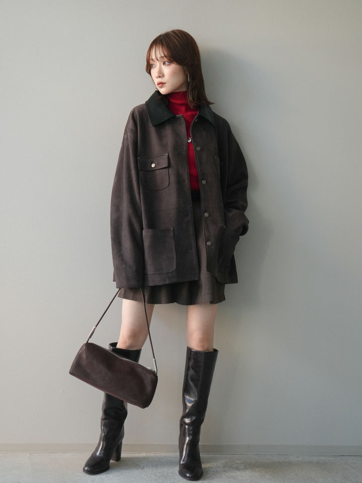 [予約]襟レザーステンカラースエードジャケット/brown