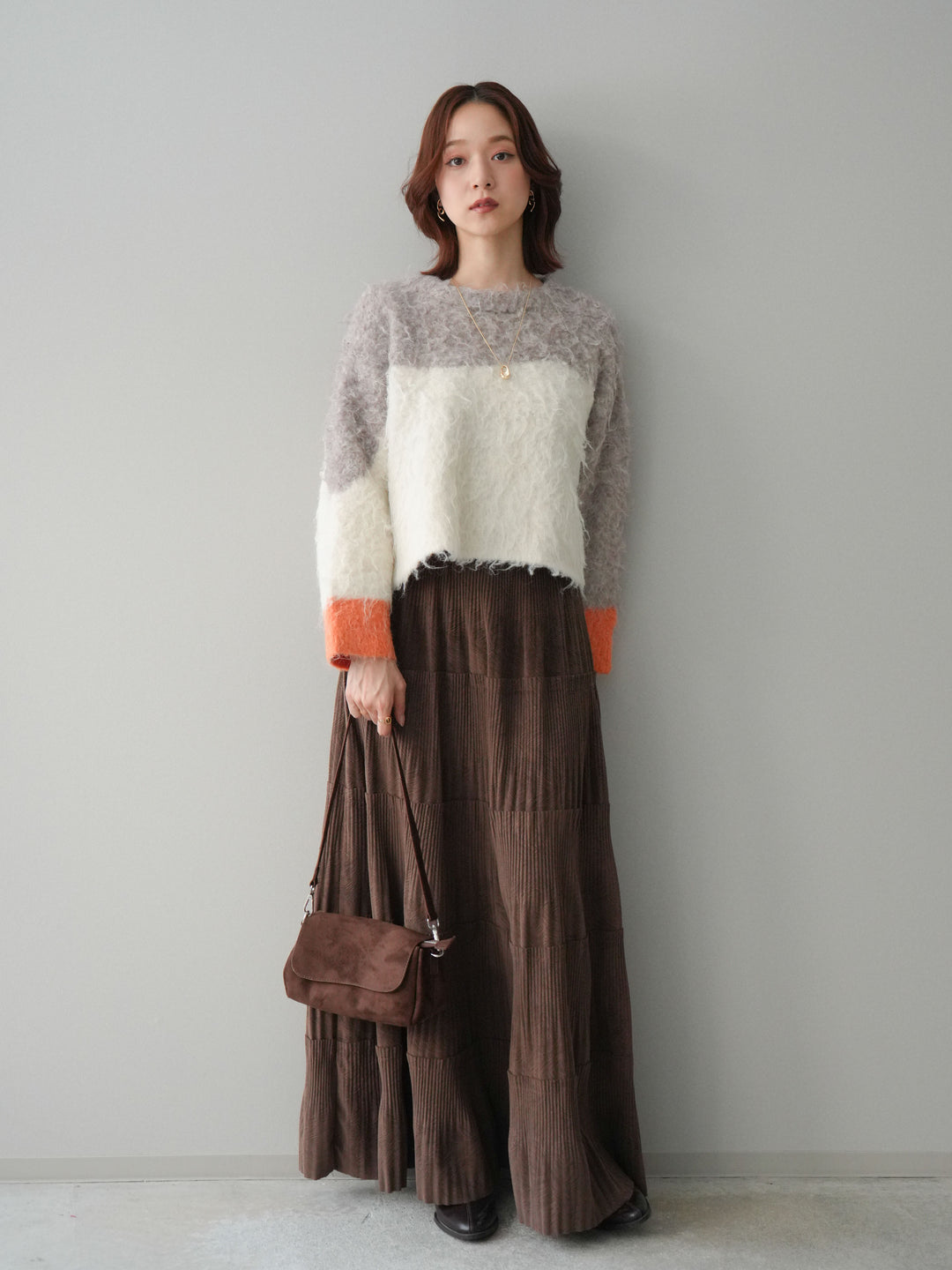 [予約]型押しスエードティアードプリーツスカート/brown