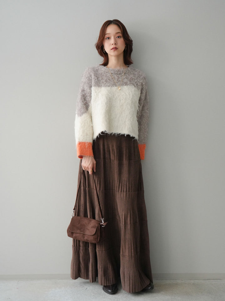 [予約]型押しスエードティアードプリーツスカート/brown