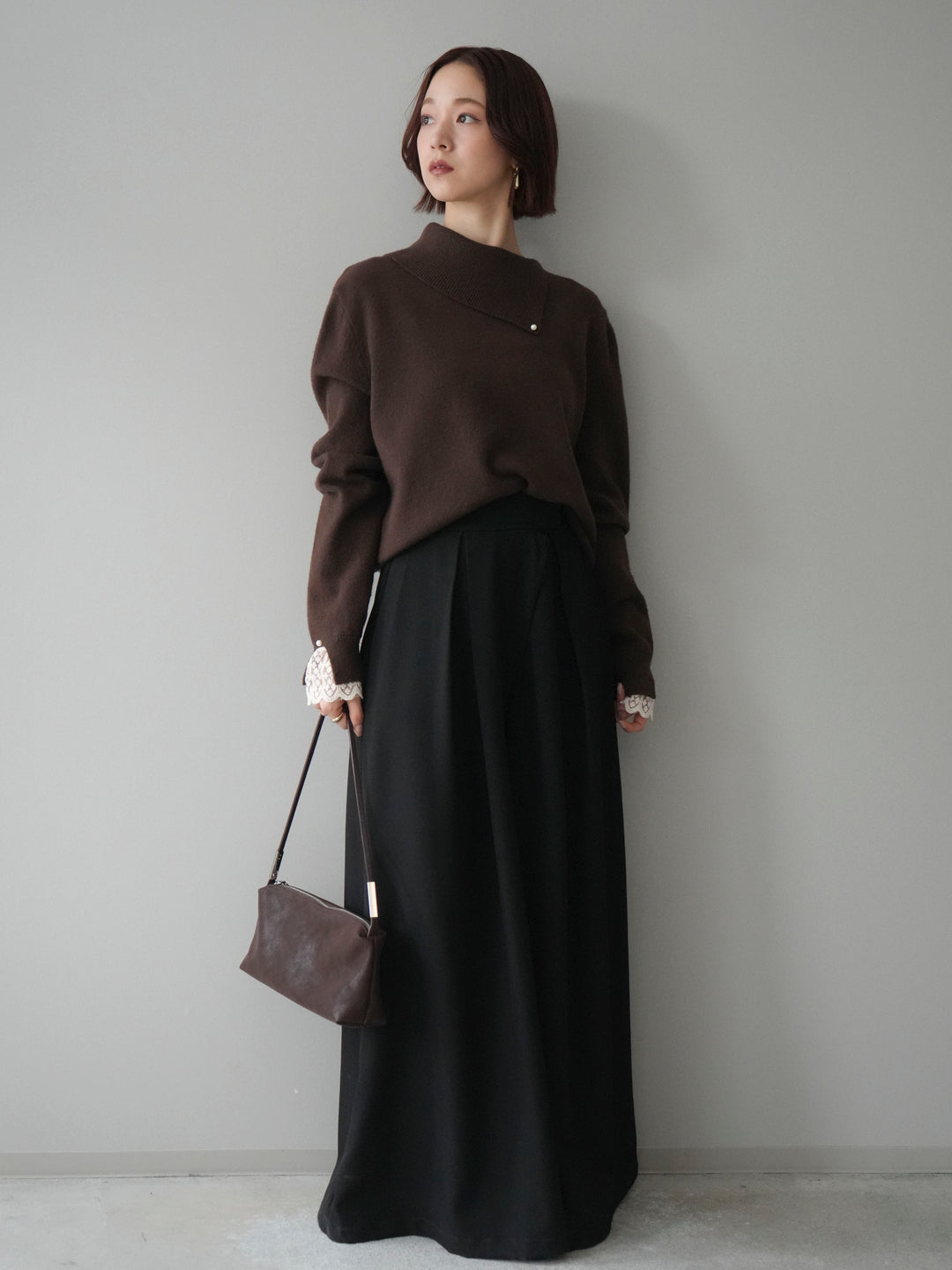 [SET]袖レースパール付き配色ニットトップス+テープベルトタックバギーパンツ(2set)