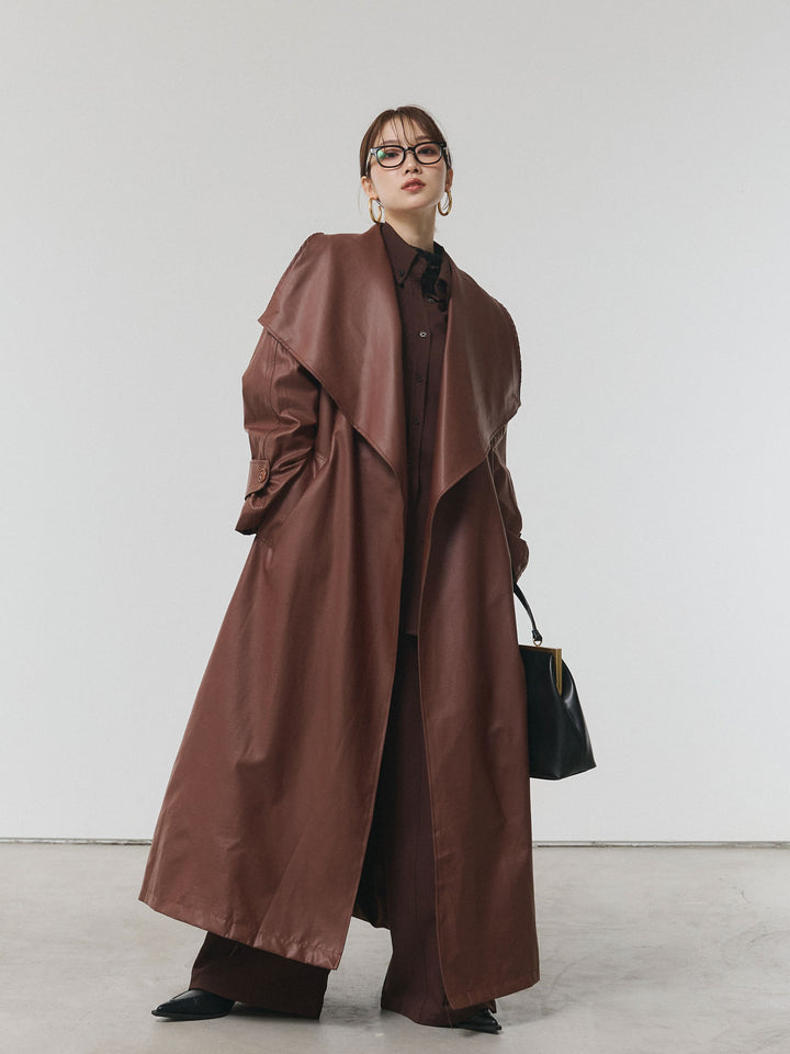 【Allure】[SET]ボタンダウンオーバーシャツ+デザインタックセンターシームアイドパンツ+フラワーレーストップス+レザーBIGカラーロングコート(4set))