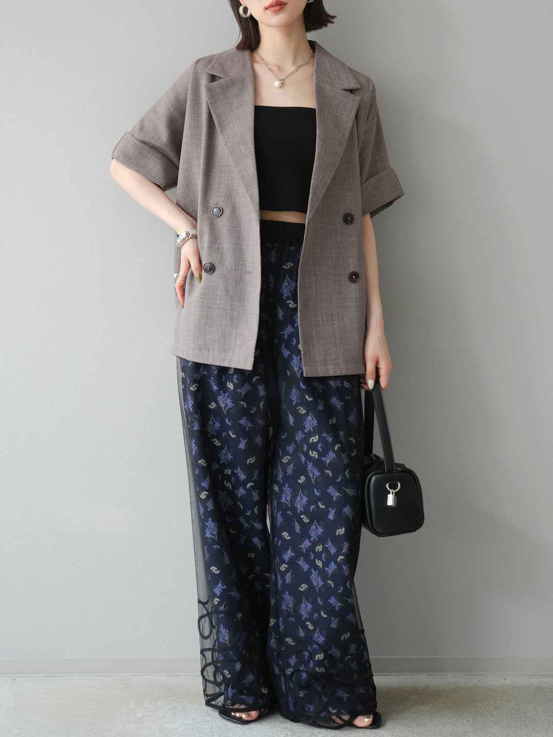 [SET]リネンライクハーフテーラードジャケット+コード刺繍チュールレイヤードパンツ(2set)