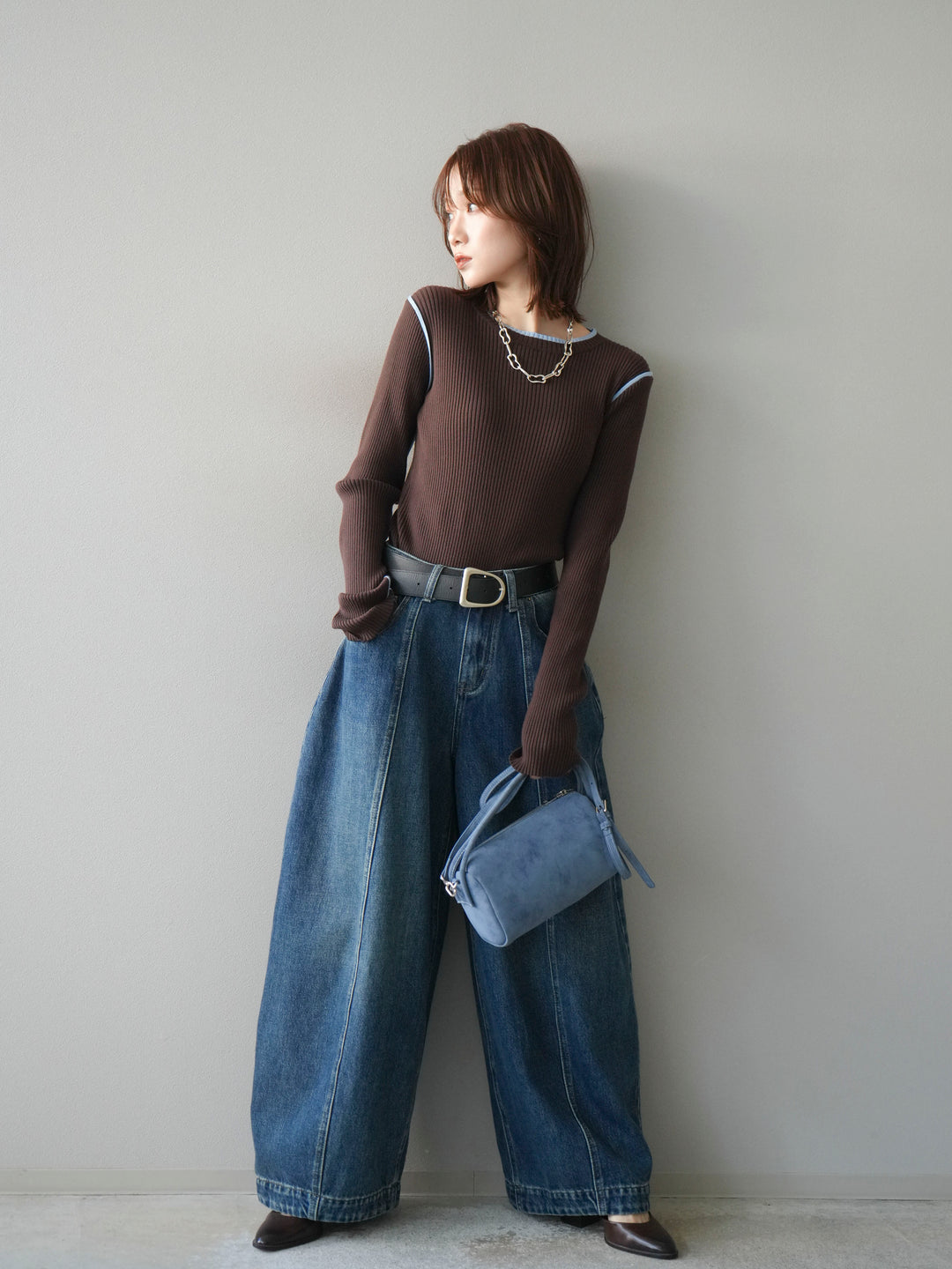 [予約]バイカラークルーネックリブニットトップス/brown