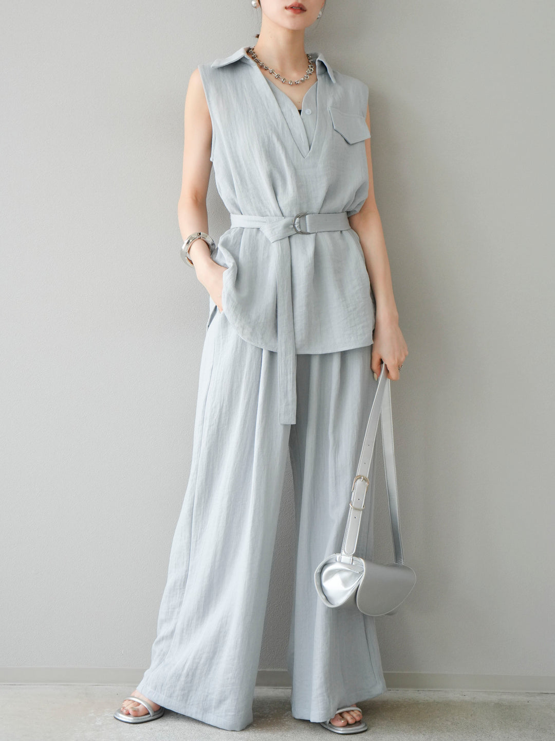 [SET]リネンライクスキッパーブラウス＆ワイドパンツSET UP