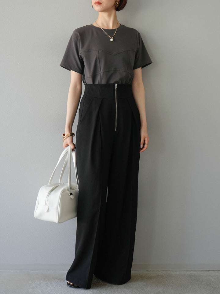 [SET]ビスチェデザインTシャツ+ジップタックワイドパンツ(2set)