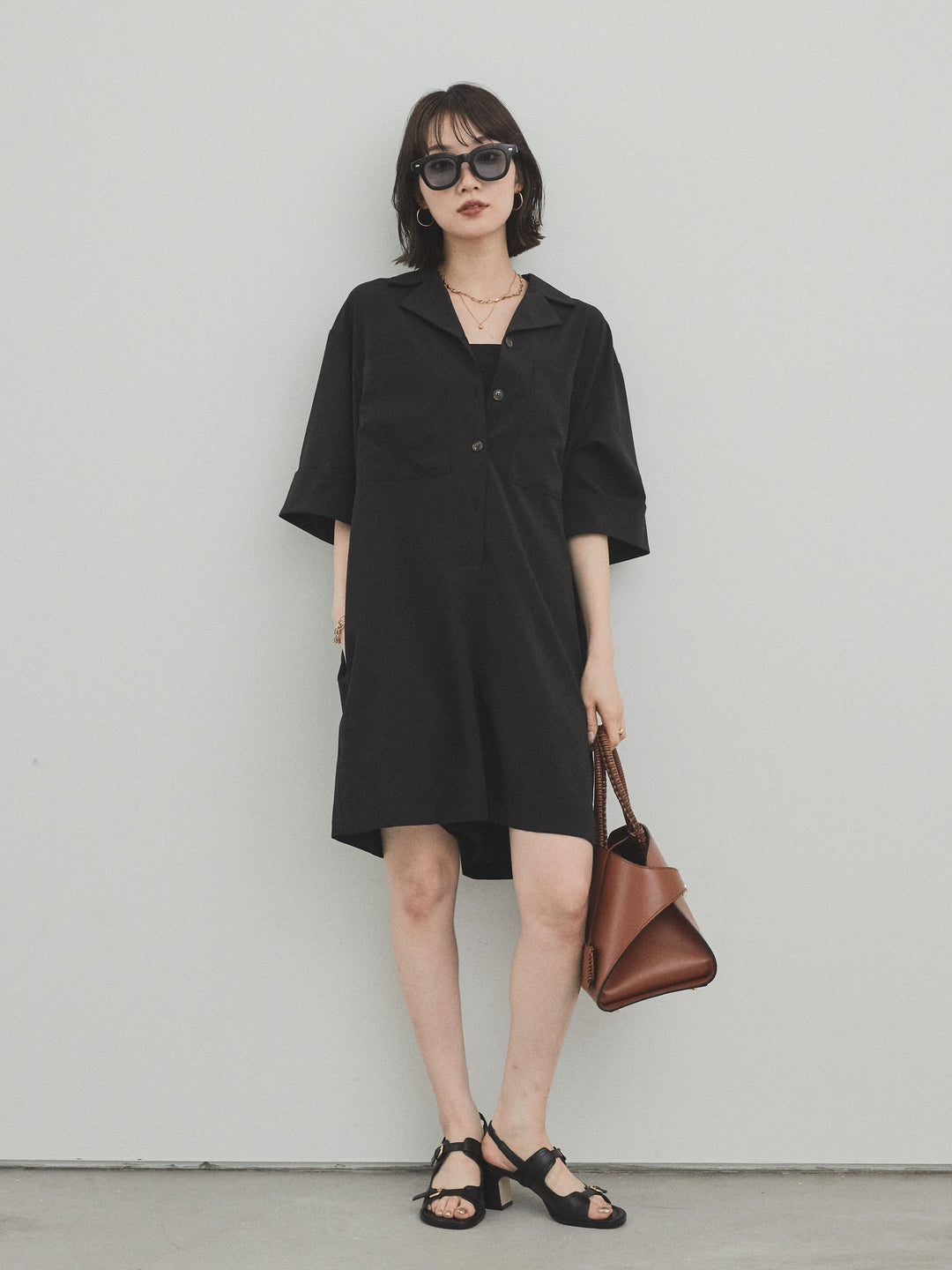 [補貨] [預訂] 縐雪紡襯衫連身衣/黑色