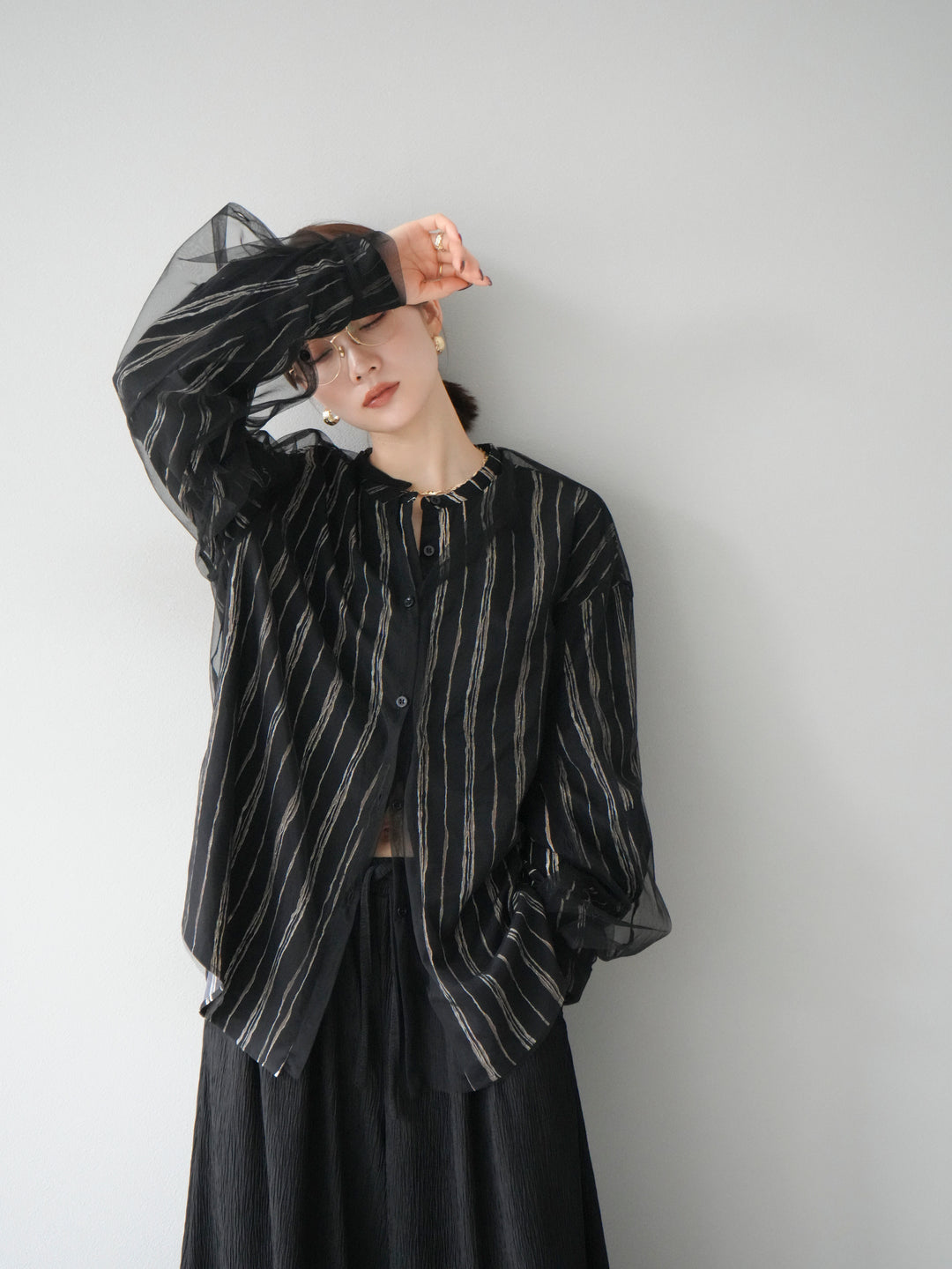 [予約]2WAYスリーブチュールシャツ/ブラック
