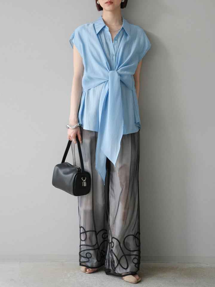 [SET] 前繫帶透視上衣 + 水彩藝術休閒褲 (2 件組)