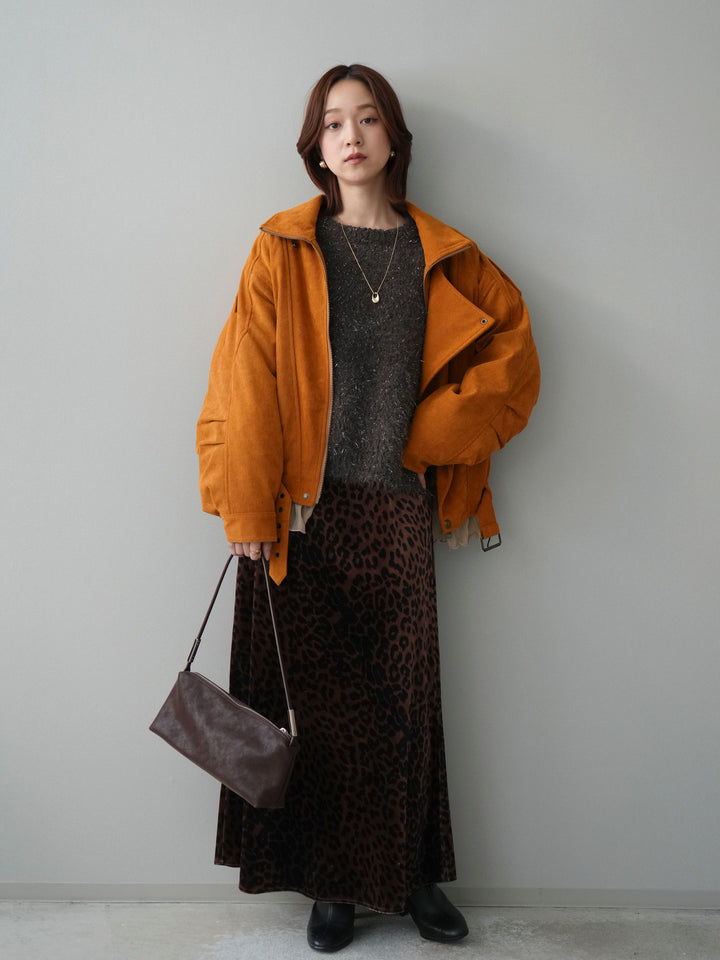 [SET]コーデュロイライダース裾レースブルゾン+モールラメミックスヤーンニットプルオーバー+レオパードベロアナロースカート(3set)