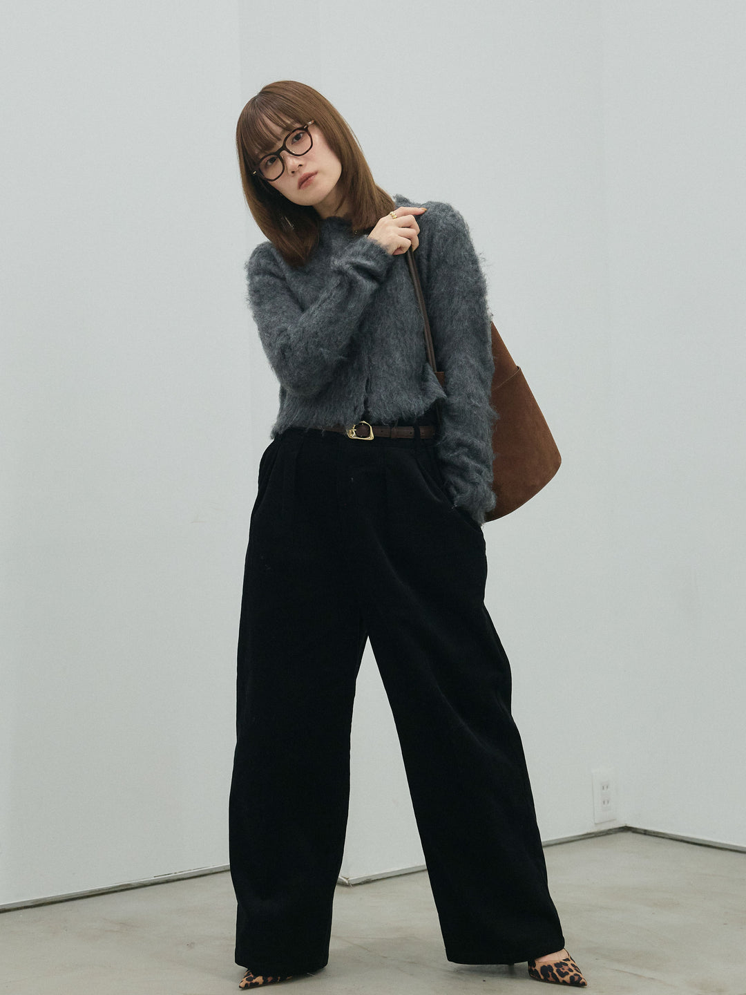 【Allure】[SET]モヘアタッチクロップドニットプルオーバー+コーデュロイタックワイドパンツ(2set)