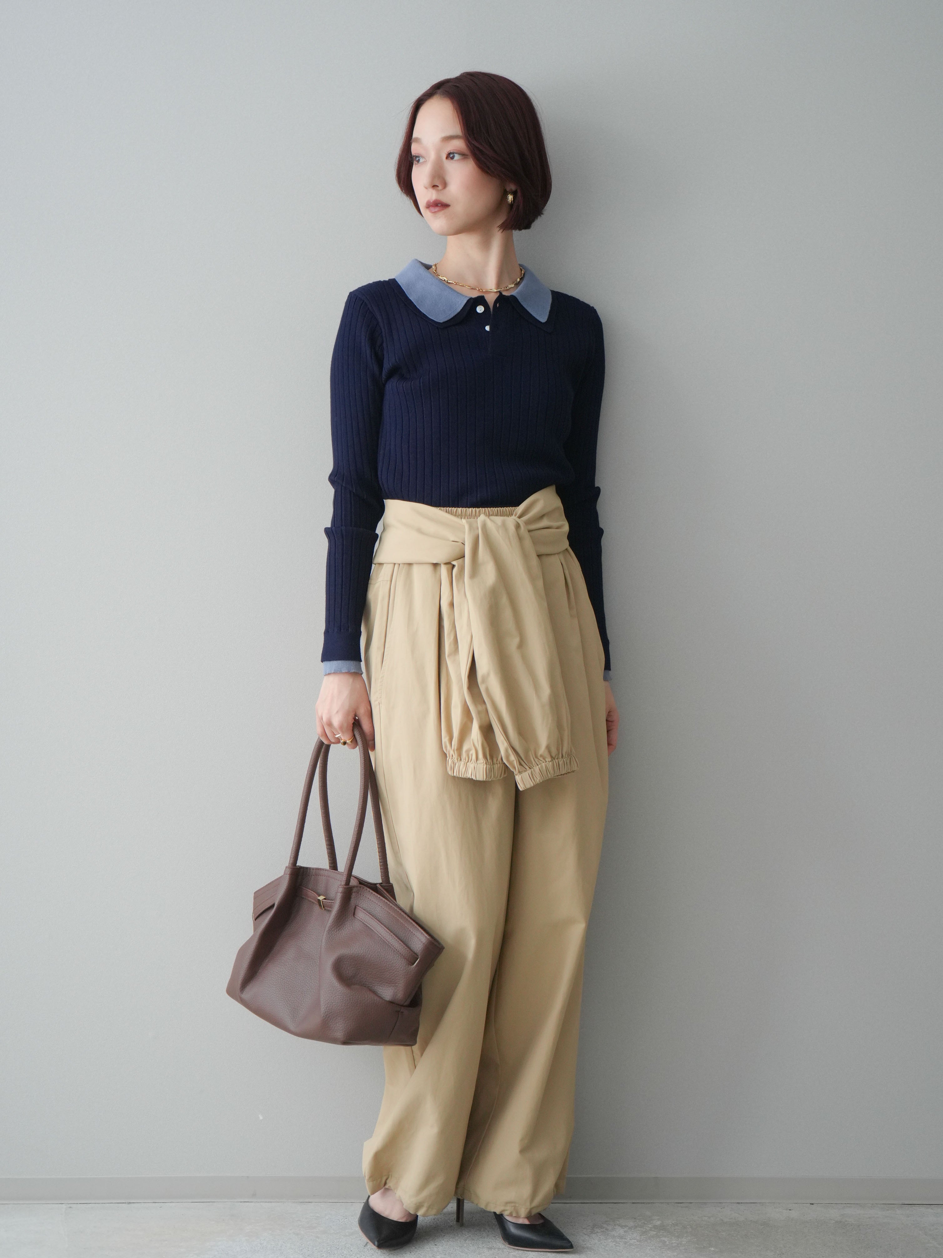 予約]ダブル襟ポロリブニットトップス/navy – Lumier