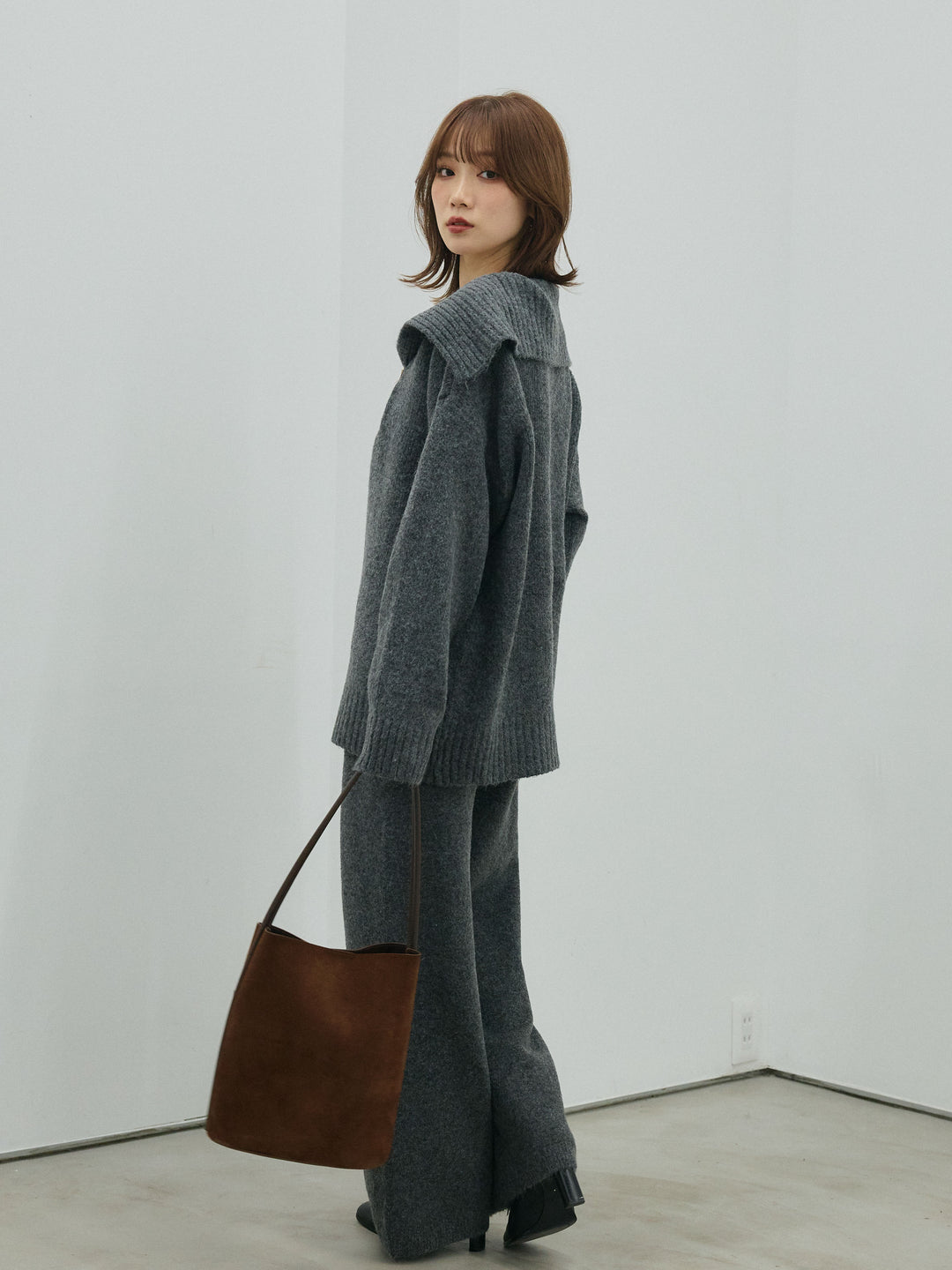 [SET]ベルトデザインポロニット&ニットパンツSET UP