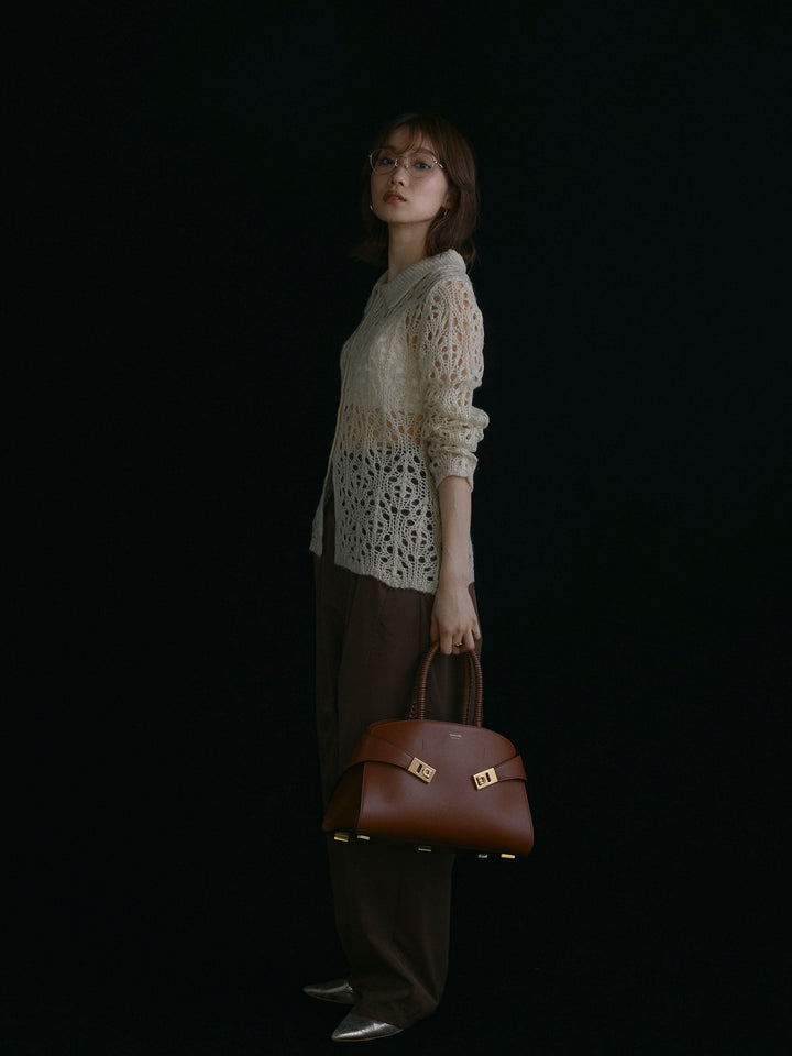 【Allure】[SET]ローゲージ透かし編みポロニッカーディガン+タフタワイドカーブパンツ(2set)