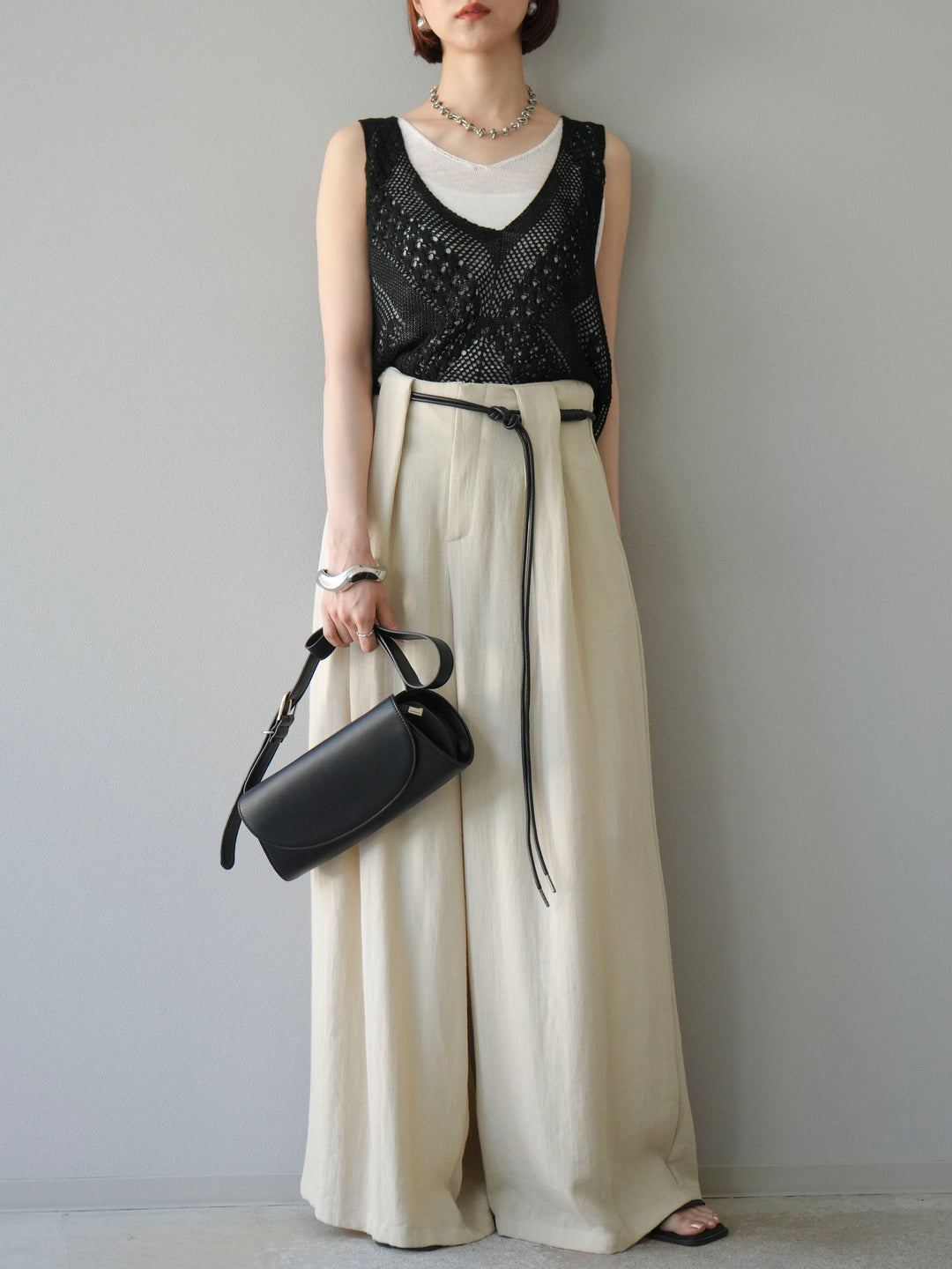 【預購】繩紋設計腰帶亞麻觸感寬褲/米色