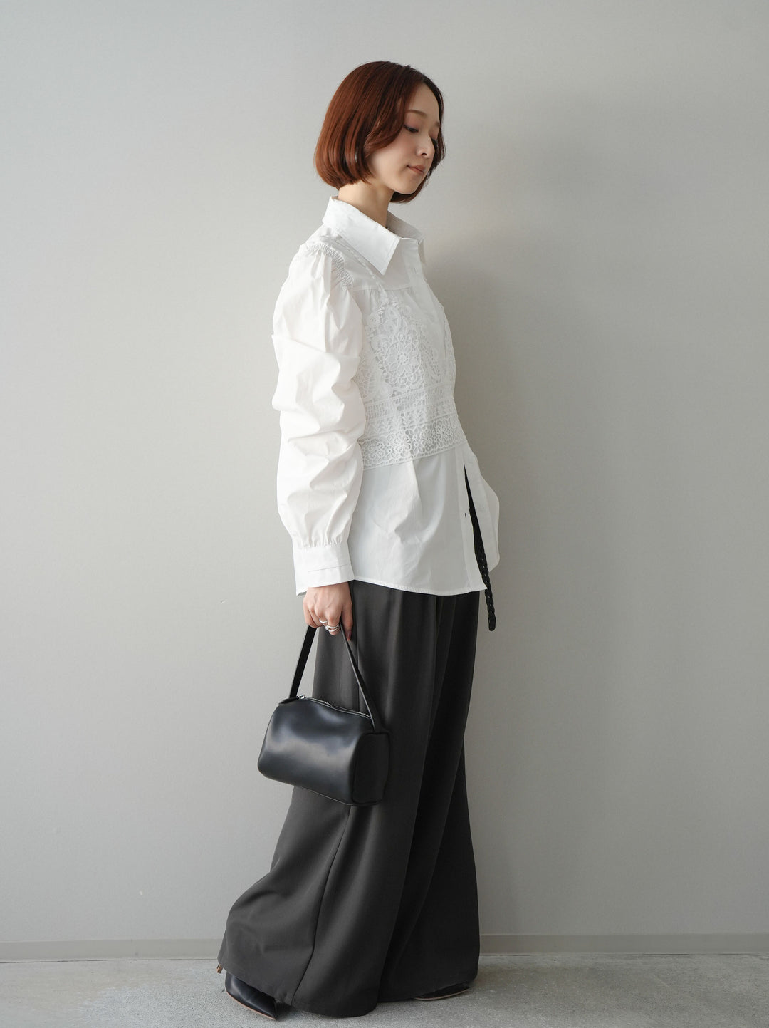 [予約]編み込みベルト付タックワイドパンツ/black