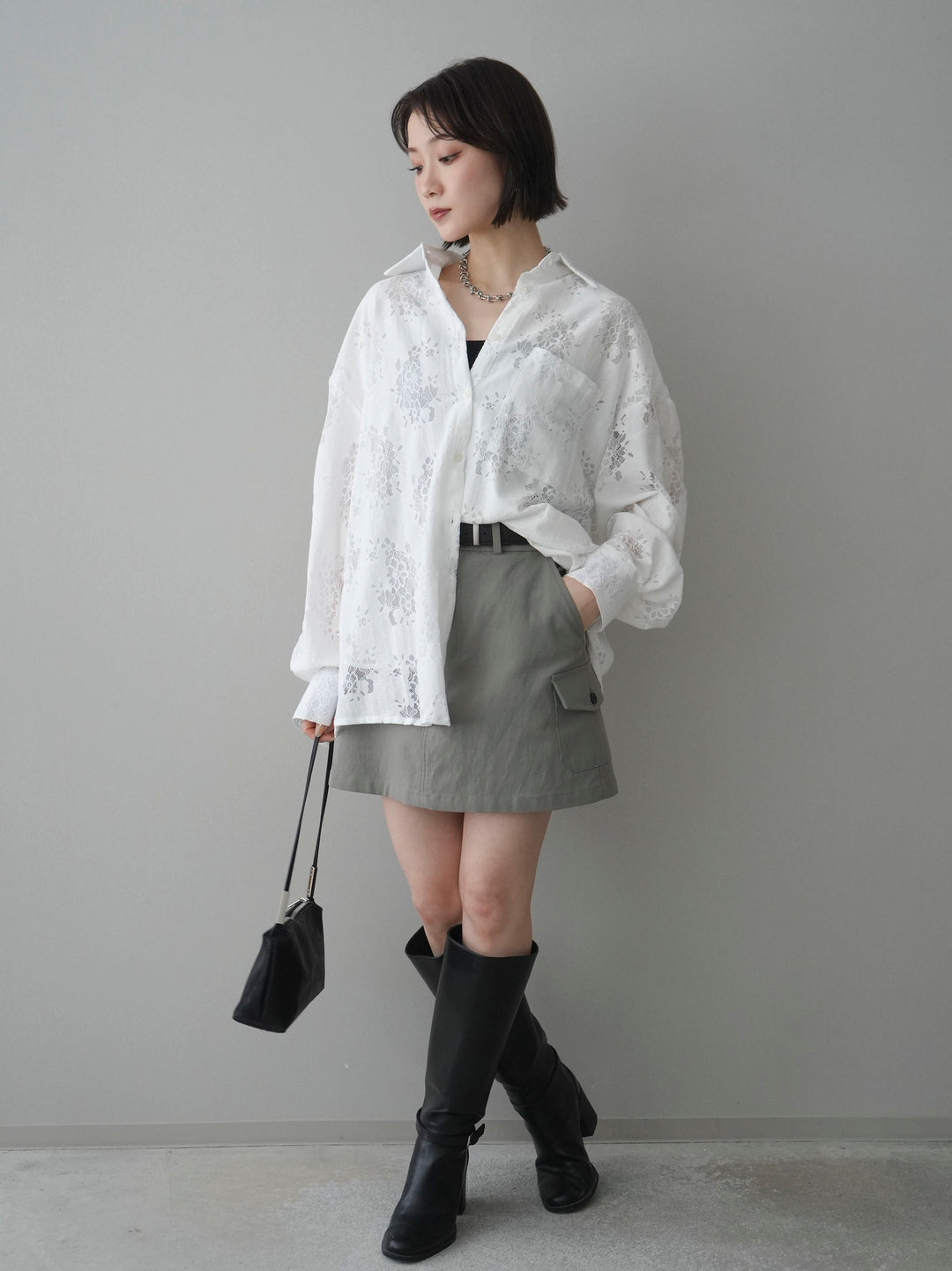 【套裝】提花蕾絲罩衫+繫帶工裝迷你裙（兩件套）