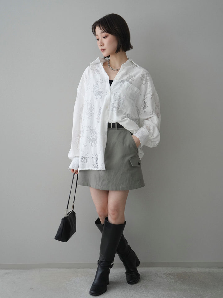 【套裝】提花蕾絲罩衫+繫帶工裝迷你裙（兩件套）