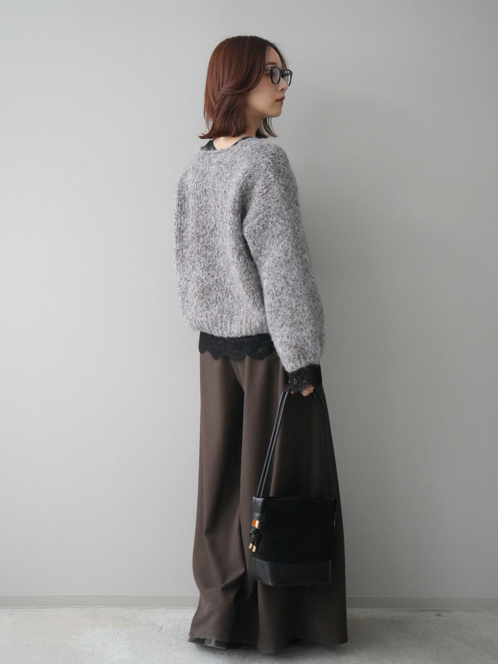 [SET]Vネックミックスヤーンニットプルオーバー+テープベルトタックバギーパンツ(2set)