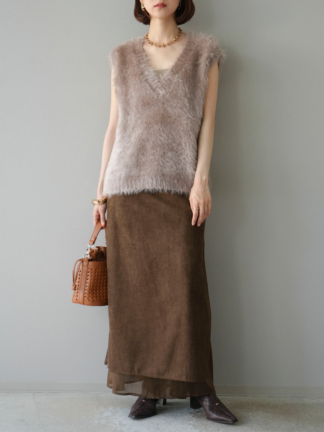[予約]サイドスリットスウェードドッキングシフォンスカート/ブラウン