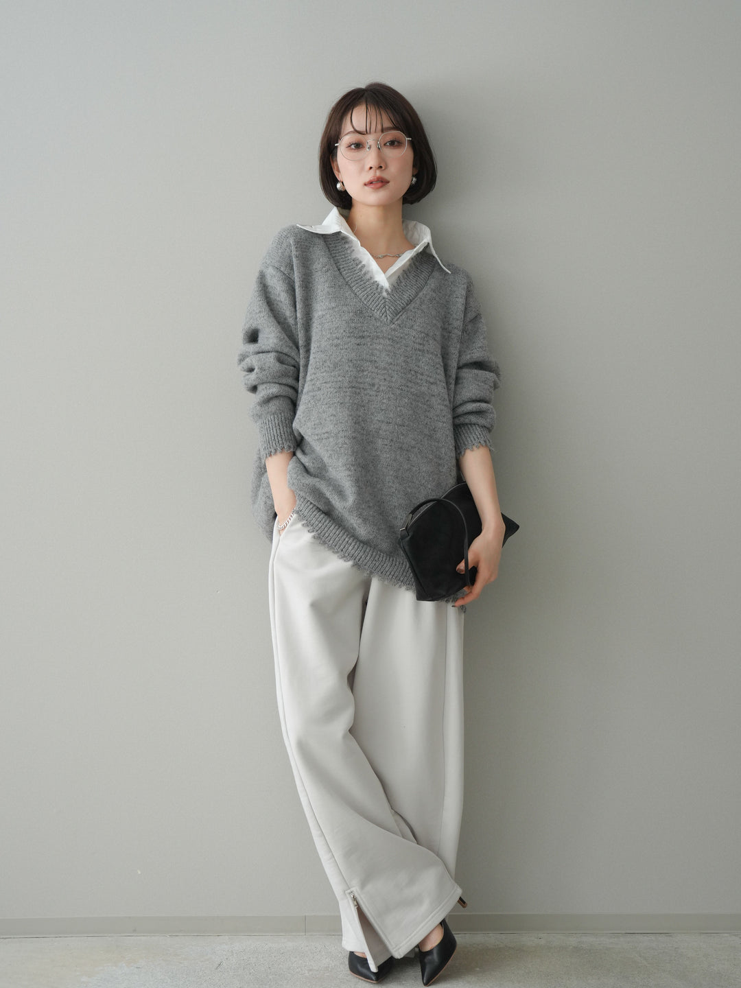 [予約]シャツドッキングVネックフリンジニットプルオーバー/gray
