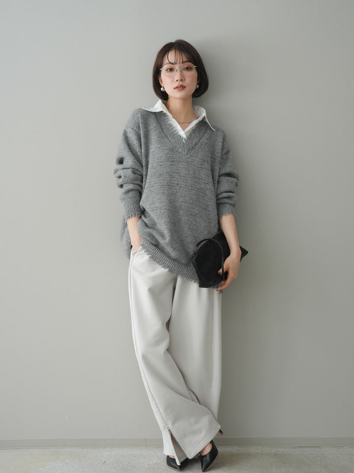 [予約]シャツドッキングVネックフリンジニットプルオーバー/gray