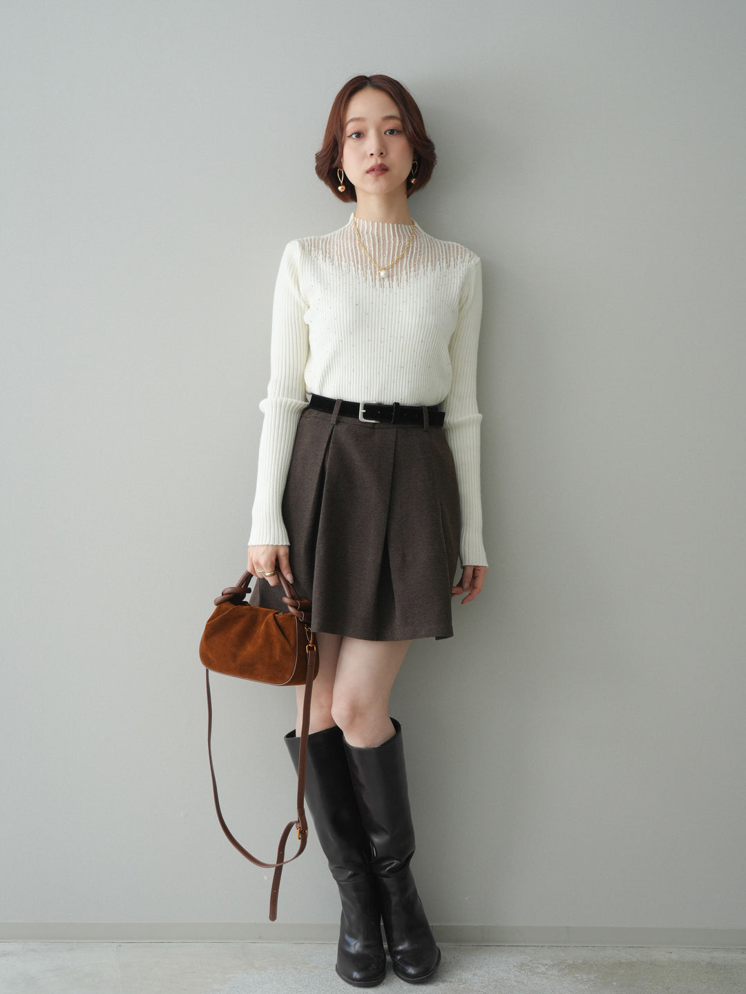 [SET]シアー切替スパンコールリブニットトップス+ベルト付きタックミニスカート(2set)