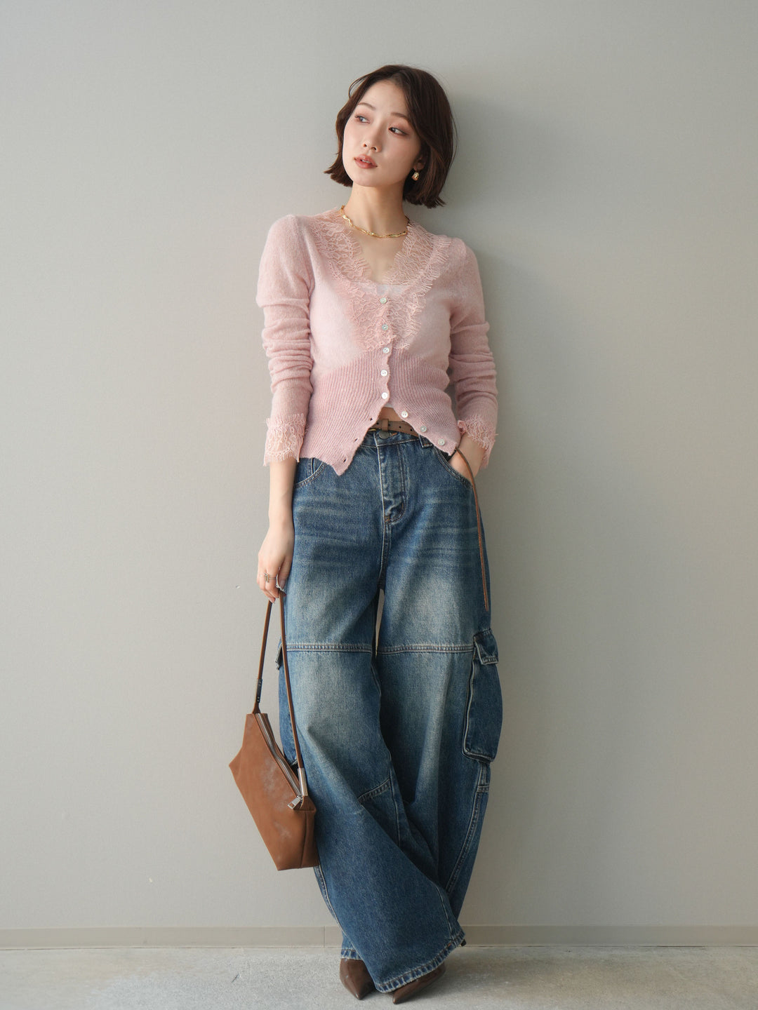 【預購】馬海毛觸感蕾絲針織開襟衫 / 粉紅色