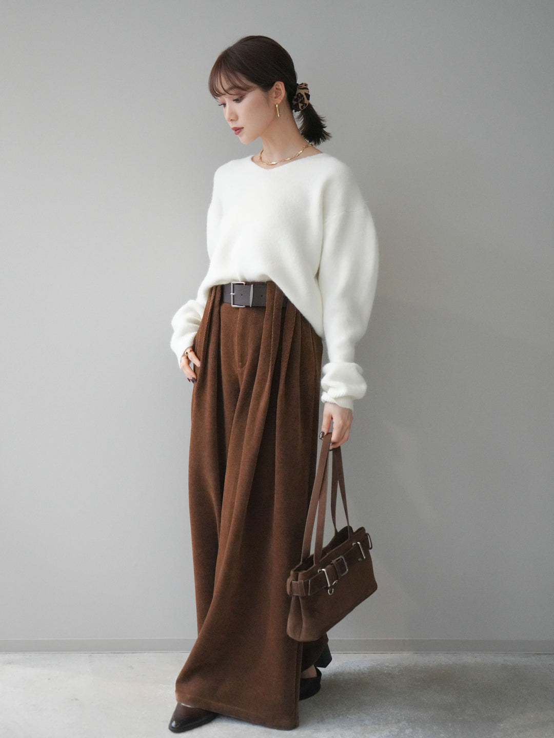 [予約]ベルトデザインループコールテンワイドパンツ(ベルト付き)/camel