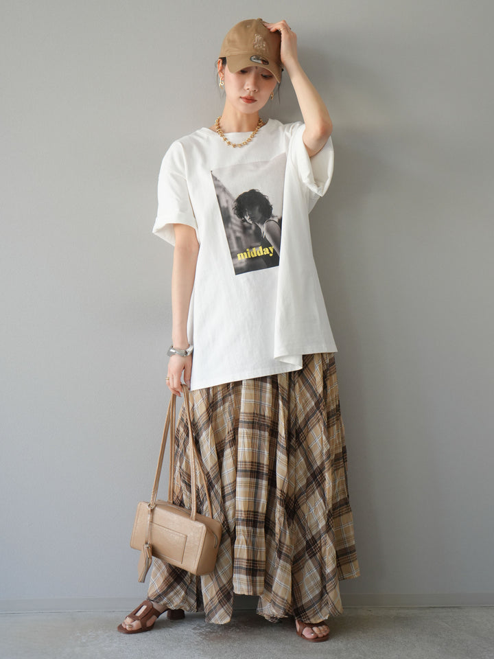 [SET]ネオンロゴフォトプリントBIG Tシャツ+シアーチェックアシンメトリーワッシャースカート(2set)