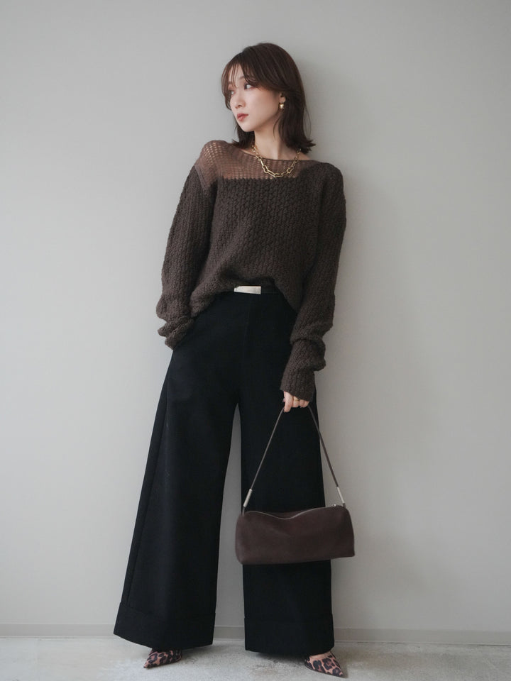 [予約]ベルト付き折り返しコットンツイルワイドパンツ/black