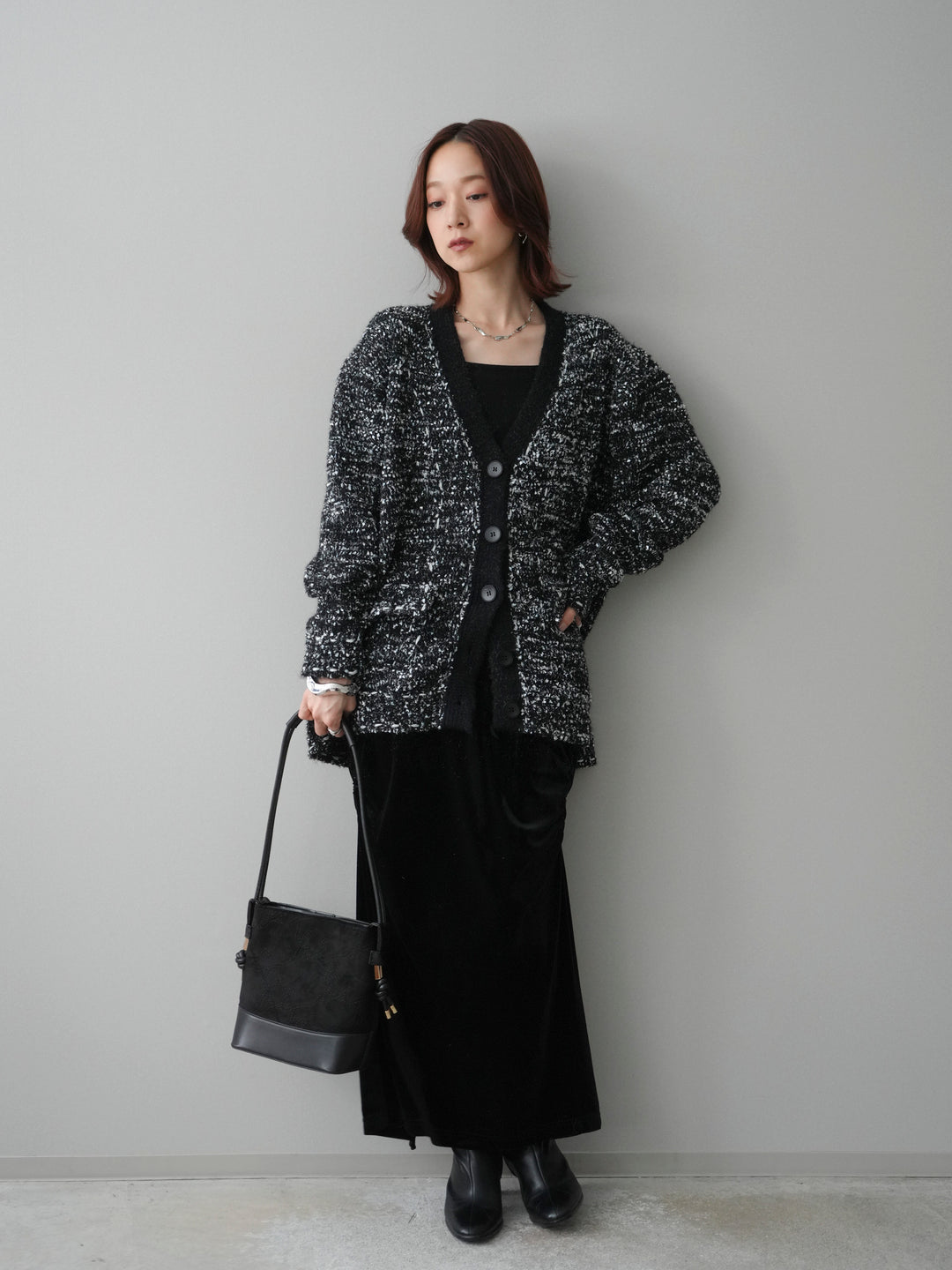 [SET]モールネップニットカーディガン+ギャザーベロアスカート(2set)