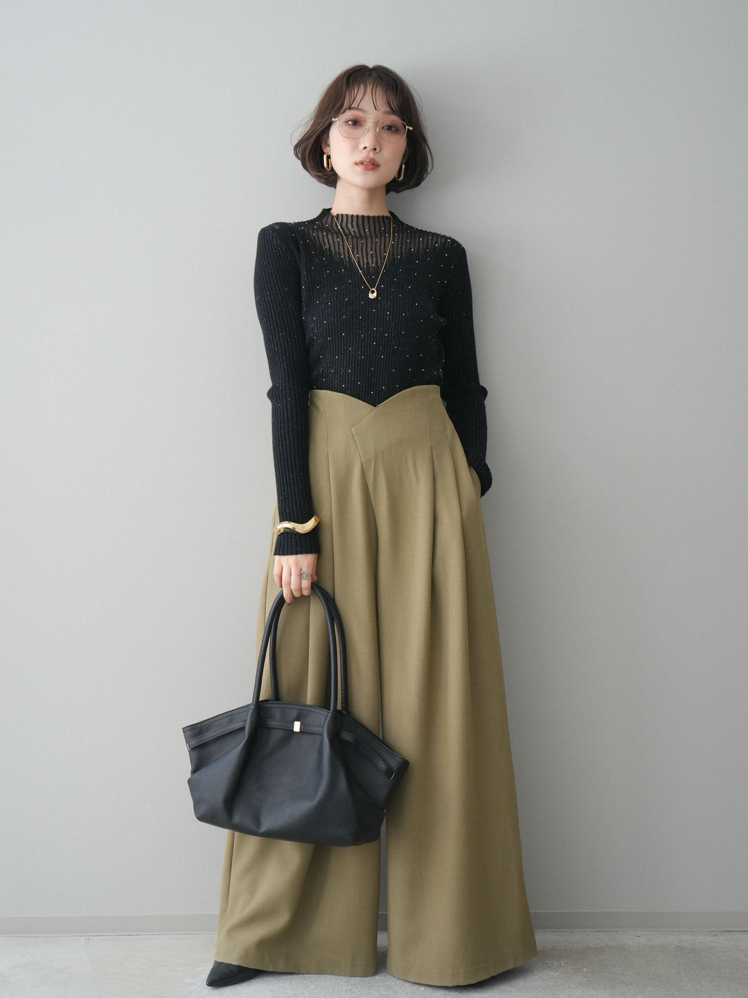 [SET]シアー切替スパンコールリブニットトップス+デザインハイウエストワイドパンツ(2set)