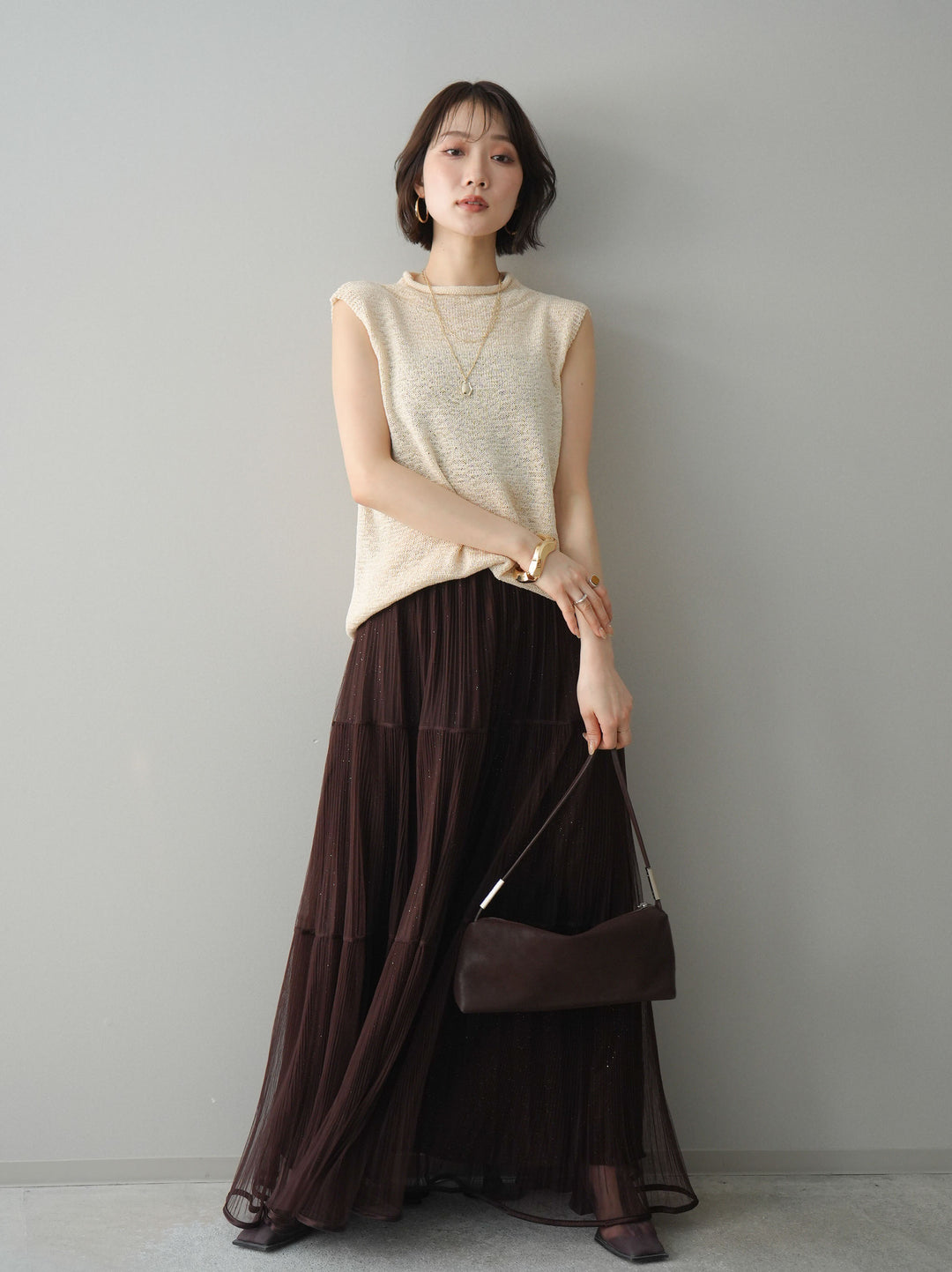 [予約]ラメプリーツレイヤードチュールロングスカート/brown