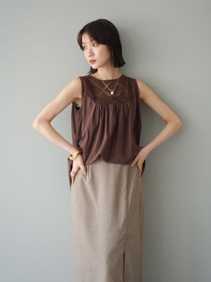 [予約]インド製コットンレース切替ノースリブラウス/ブラウン