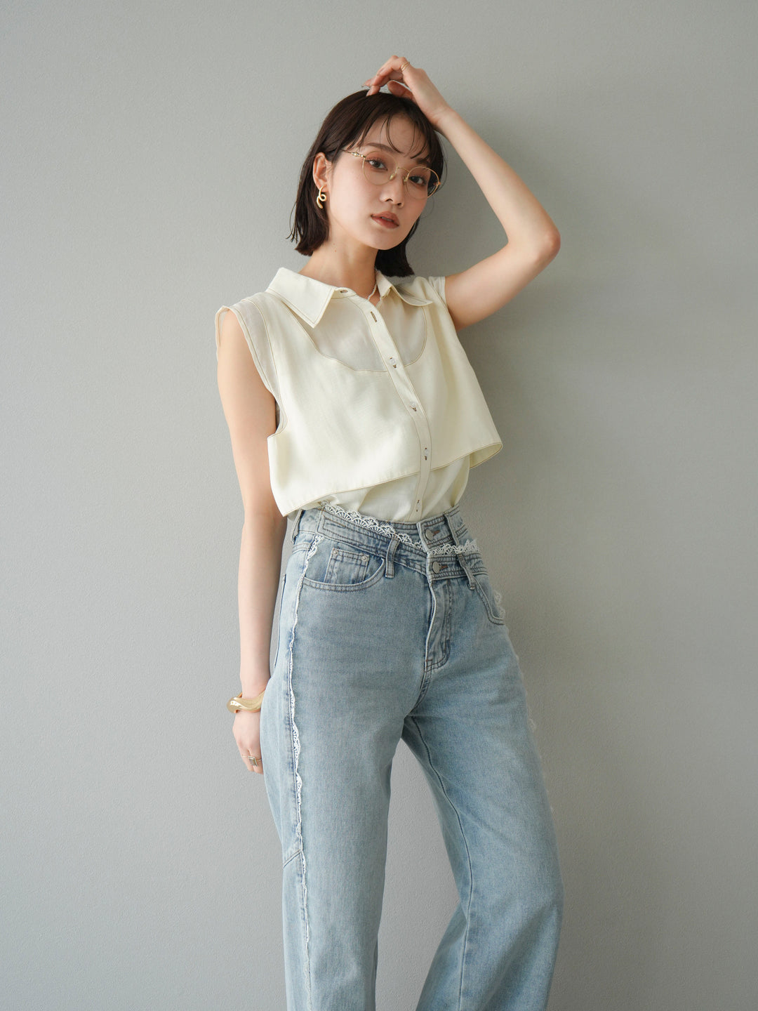 [予約]ステッチシアーレイヤードデザインブラウス/アイボリー