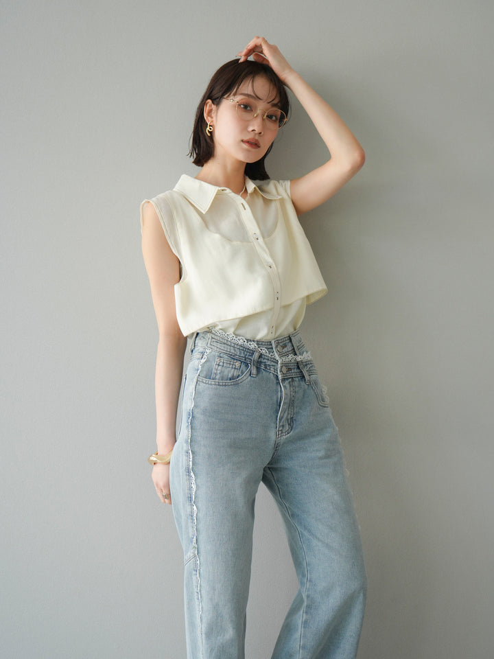 [予約]ステッチシアーレイヤードデザインブラウス/アイボリー