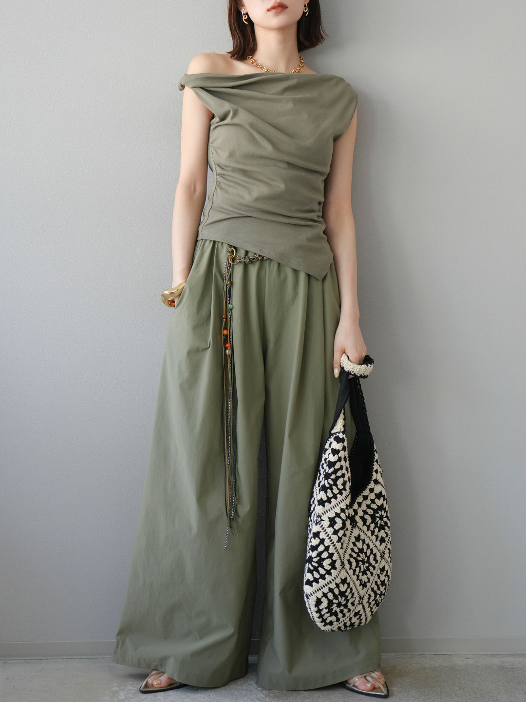 [SET]タックデザイントップス＆ビーズベルト付きパンツSET UP(2set)