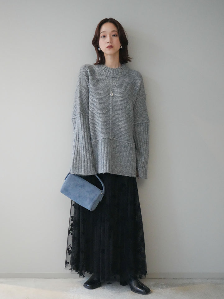 [SET]編み地切替ボトルネックニットプルオーバー+フラワーフロッキーチュールプリーツスカート(2set)