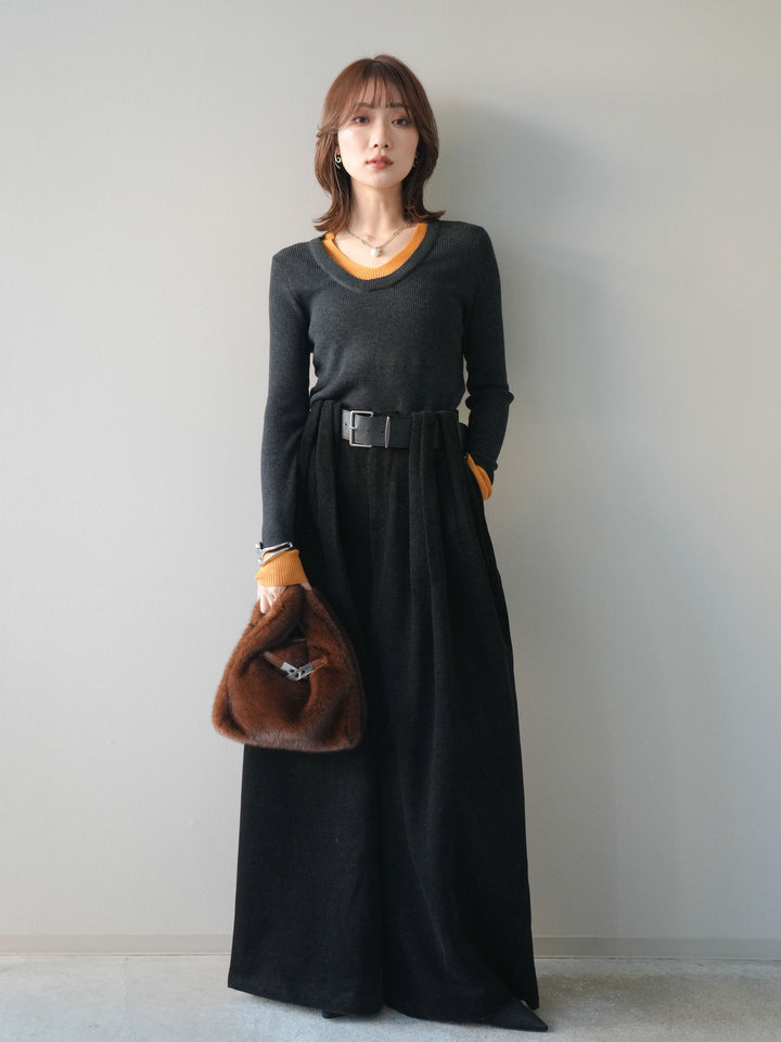 [予約]Uネック配色レイヤードリブニットトップス/charcoal